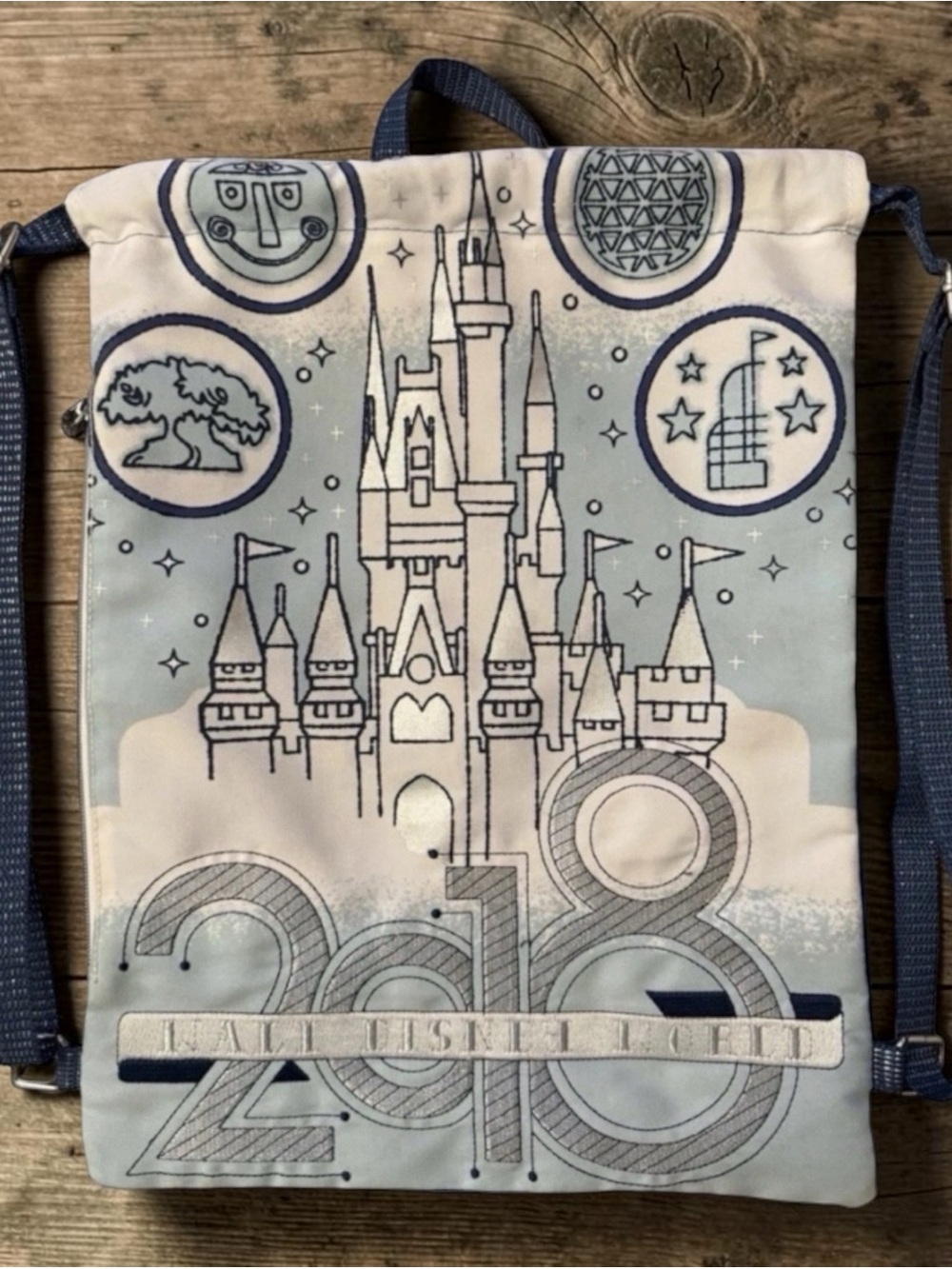 Cute 2018 WALT DISNEY WORLD Large Drawstring Backpack Blue Silver White metallic